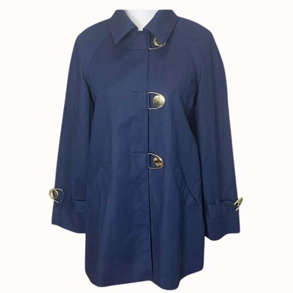 Jones New York Swing Trench Pea Coat Size L Stretch Retro Style Gold Tone Buckle - Picture 1 of 16